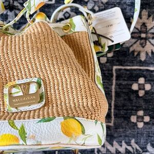 NWT Valentina Lemon Print Leather & Raffia Bucket Bag
